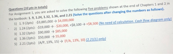Questions (10 pts in totals) For Assignment 1, you are asked to solve the following five problems shown at the end of Chapter