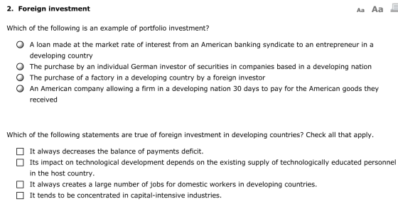 2. Foreign investment Aa Aa E Which of the following is an example of portfolio investment? O A loan made at the market rate