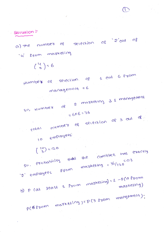 Souution a) he nu mbe.ซ of selection 1%).6 management 6 more tng management So, Numbes 6X6-36 oemployees 1o probabiies hatomitlee nas evactty employees-ommaego3 So masketing) ma grment). om maTkeking)스.PL 3hom