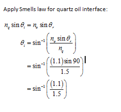 Apply Smells law for quartz oil interface: 71, sin ?.-n.sin ? e-sin-11 ne sinc- 2 (1.1)sin 90 -Sin 1.5 1.1 1.5 -1 -sin