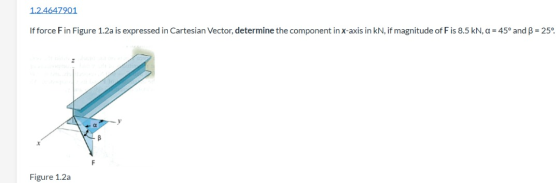 1.2.4647901 If force Fin Figure 1.2a is expressed in Cartesian Vector, determine the component in x-axis in KN, if magnitude