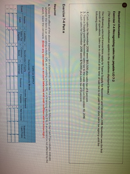 Required information Exercise 7-4 Recognizing sales tax payable LO 7-2 (The following information applies to the questions di