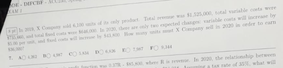 DE - DIFCBF - ACCESU, XAMI Spt in 2019, X Company sold 6,100 units of its only product. Total revenue was $1,525,000, total v