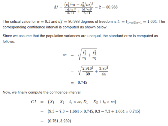 df = (sini + s/n2) + - 2 = 80.988 1+1 12+1 The critical value for a = 0.1 and df = 80.988 degrees of freedom is te = tı-a/2;n