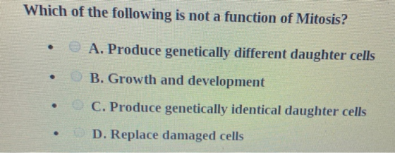 Which of the following is not a function of Mitosis? • O A. Produce genetically different daughter cells B. Growth and develo