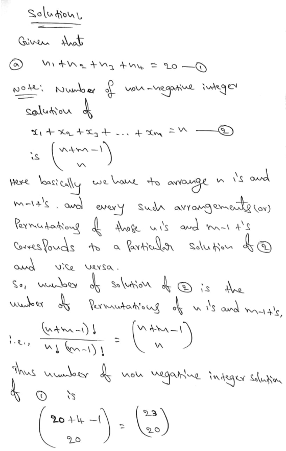 solution Given that nithathy tha=20 _o Note: Number of you-negative integer solution of sit xa txat +xm is and is (nem-1 Here