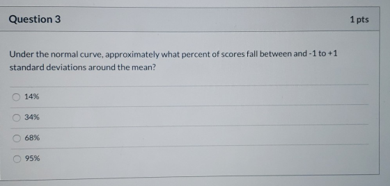 Question 3 1 pts Under the normal curve, approximately what percent of scores fall between and -1 to +1 standard deviations a