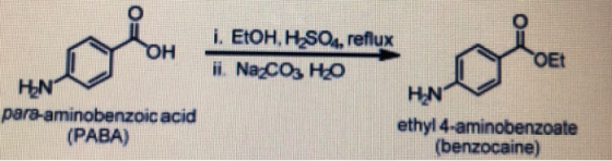 T00040 i. EtOH, H2SOs, reflux Et H2N para-aminobenzoic acid (PABA) ethyl 4-aminobenzoate (benzocaine)