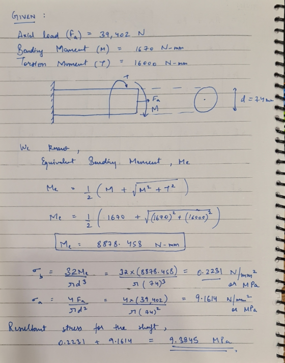 GIVEN : Axid load (fa) = 39,402 Bending Moment (M) = Torsion Moment (T) = N 1670 N-mm 16000 N-mm. d =74mm We know Equivalent