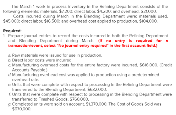 The March 1 work in process inventory in the Refining Department consists of the following elements: materials, $7,200; direc