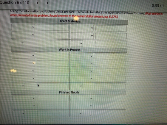 Question 6 of 10 > 0.33/1 Using the information available to Linda, prepare T-accounts to reflect the inventory cost flows fo