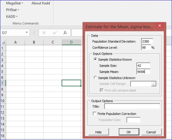 About Kadd MegaStat PHStat KADD- Menu Commands Estimate for the Mean, sigma kno... X D7 A B C D % Data Population Standard De