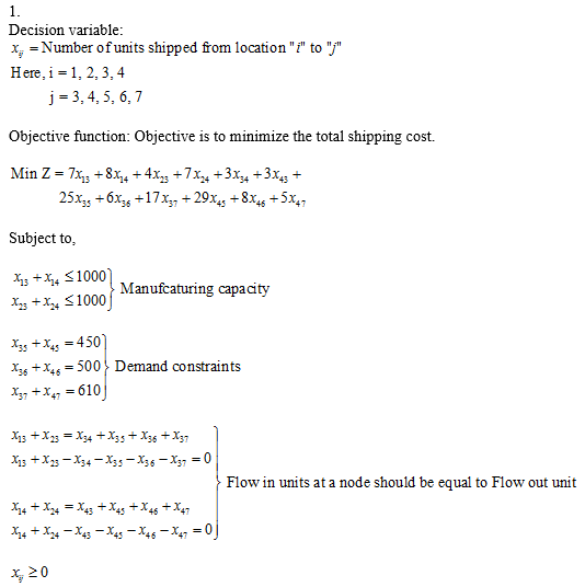 Decision variable Xz -Number ofunits shipped from location to Here,i-1, 2, 3, 4 j-3,4, 5, 6, 7 Objective function: Objectiv