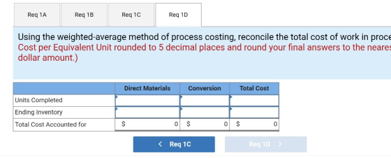Req 1A Req 1B Req 1C Req 1D Using the weighted average method of process costing, reconcile the total cost of work in proce C