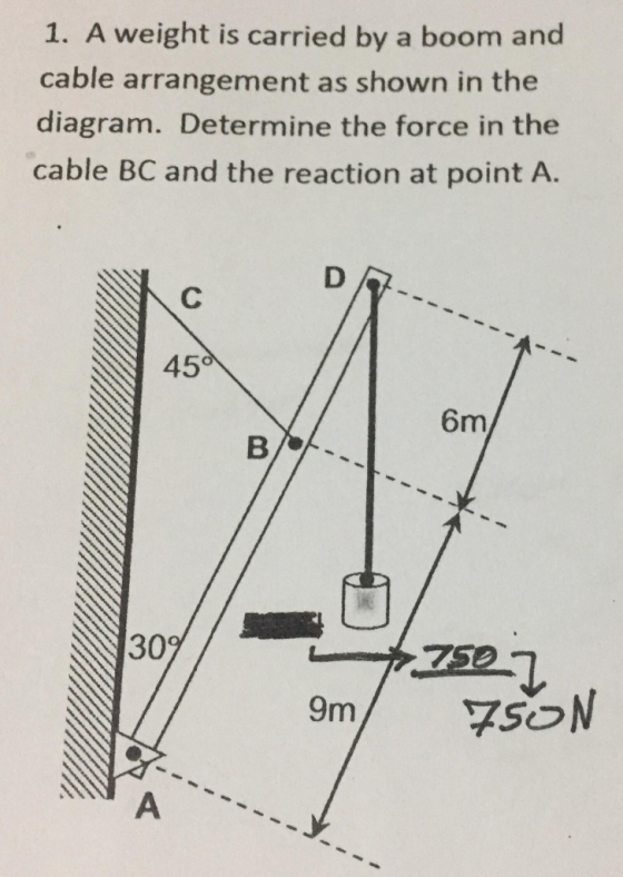 1. A weight is carried by a boom and cable arrangement as shown in the diagram. Determine the force in the cable BC and the reaction at point A. D /07 450 6m/ 9m/ 7sN