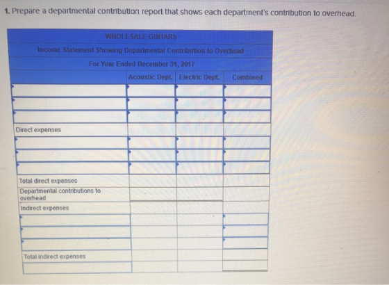 1. Prepare a departmental contribution report that shows each departments contribution to overhead. WHOLESALE GUITARS Income