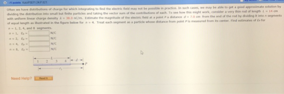 o -1 points Kat:PSE1 24 P 021 Often we have distributions of charge for which integrating to find the electric field may not be possible in practice. In such cases, we may be able to get a goed approximate solution by dividing the distribution into small but finite partices and taking the vector sum of the contributions of each. To see how this might work, consider a very thin rod of length 14 cm with uniform linear charge density λ-38.0 nC/m. Estimate the maritude of the electric field at a point P a atace d-70 cm hom the end of equal length as llustrated in the fiqure below for n- 4. Treat each segment as a particle whose distance from point P is measured from its center. Find estimates of Es for n 1,2, 4, and 8 segments. N/C N/C N/C N/C 1 2 34 Need Help? aad