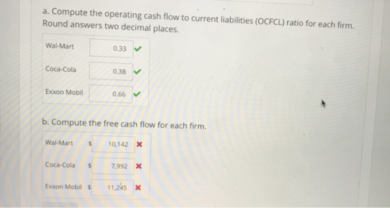 a. Compute the operating cash flow to current liabilities (OCFCL) ratio for each firm. Round answers two decimal places. Wal-Mart 0.33 0.38 0.66 Coca-Cola Exxon Mobil b. Compute the free cash flow for each firm. Wal-Mart 10,142x Coca-Cola 7,992 Exxon Mobil $ 11,245