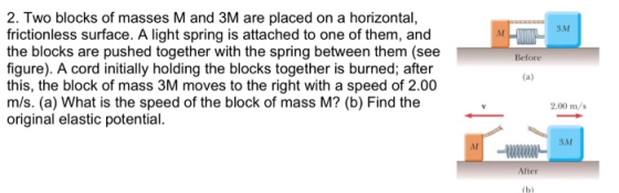 3М Before 2. Two blocks of masses M and 3M are placed on a horizontal, frictionless surface. A light spring is attached to on