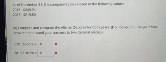 As of December 31, the companys stock closed at the following values: 2016 - $249.94 2015 - $219.80 (a) Compute and compare