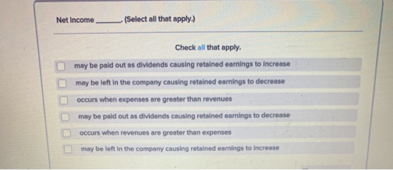 Net Income (Select all that apply.) Check all that apply. may be paid out as dividends causing retained earnings to Increase