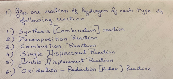 1) STUCE 1.) Synthesis (Combination] Synth. I reactig Bedragen of each. LON/ Sön type of gle Displacement Reaction ON TALONS