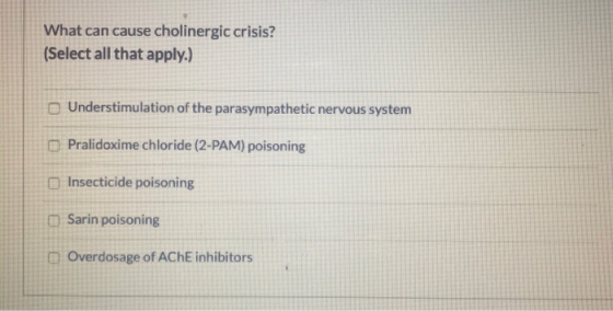 What can cause cholinergic crisis? (Select all that apply.) Understimulation of the parasympathetic nervous system Pralidoxim