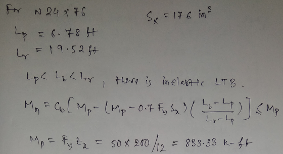 5176 in Lr Loc 22tr for N248 76 S4= L = 6.78 lt = 19.52 ft Mo (Mp - 0.7 Fy Sox) ( LorLp is [Mp CMR Mp = ty ta = 50 x 200/12 =