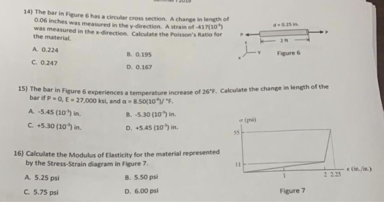14) The bar in Figure 6 has a circular cross section. A change in length of 0.06 inches was measured in the y-direction. A st
