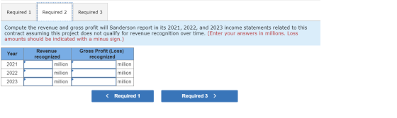 Required 1 Required 2 Required 3 Compute the revenue and gross profit will Sanderson report in its 2021, 2022, and 2023 incom
