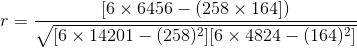 r=\frac{[6\times 6456-(258\times 164])}{\sqrt{[6\times 14201-(258)^2][6\times 4824-(164)^2]}}