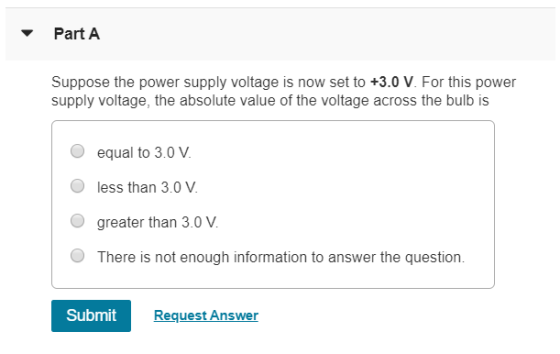 Part A Suppose the power supply voltage is now set to +3.0 V. For this power supply voltage, the absolute value of the voltag