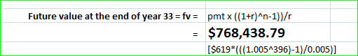 Future value at the end of year 33 = fv = pmtx ((1+r)^n-1))/ $768,438.79 [$619*(((1.0054396)-1)/0.005)]