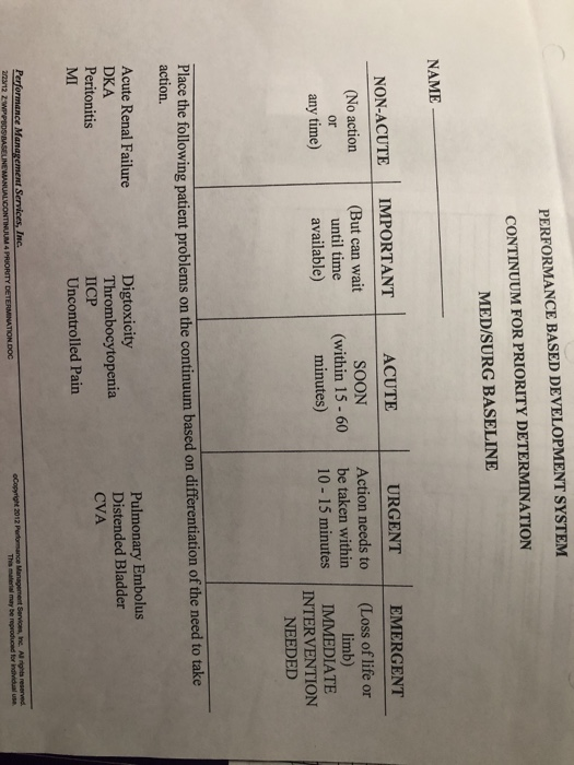 PERFORMANCE BASED DEVELOPMENT SYSTEM CONTINUUM FOR PRIORITY DETERMINATION MED/SURG BASELINE NAME ! ACUTE URGENT EMERGENT Acti