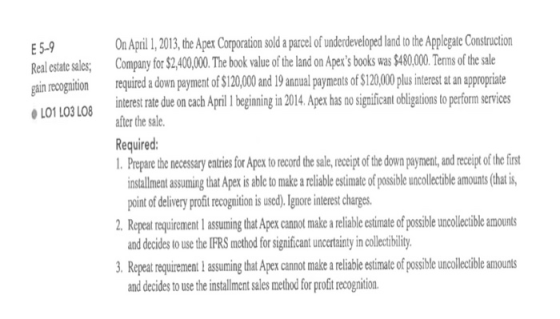 On April 1, 2013,the Apex Corporation sold parcel of underdeveloped land to the Applegate Construction Company for $2,400,000