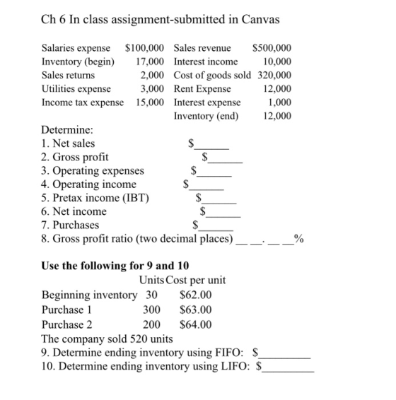 Ch 6 In class assignment-submitted in Canvas Salaries expense $100,000 Sales revenue $500,000 Inventory (begin) 17,000 Intere