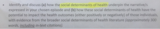 Identify and discuss (a) how the social determinants of health underpin the narrative/s expressed in your chosen episode and