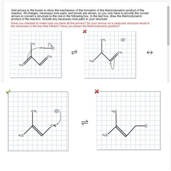 Add arrows to the boxes to show the mechanism of the formation of the thermodynamic product of the reaction. All charges, necessary lone pairs, and bonds are shown, so you only have to provide the curved arrows to convert a structure to the one in the following box. In the last box, draw the thermodynamic product of the reaction. Include any necessary lone pairs in your structure Have yous checked to make sure you have all the arrows? Do your amws on a partialar s ctre res a in the structures in the box that follows? Have you drawn the thermodynamic Ha Hs CH2 CH2 Ha Hs H3 Ha