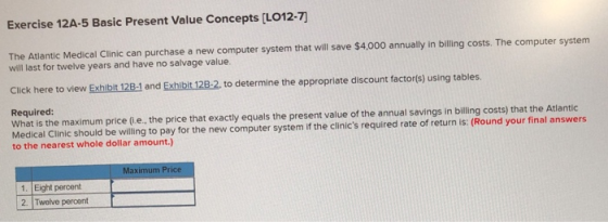 Exercise 12A-5 Basic Present Value Concepts [LO12-7] The Atlantic Medical Clinic can purchase a new computer system that will