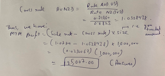 Causs rate AuN2) = Rate AUD USA Rate NZDUSD 0.7 1860 1.0528938. 06825 Thus, we have: you maded amount mim penfit - (sale rake
