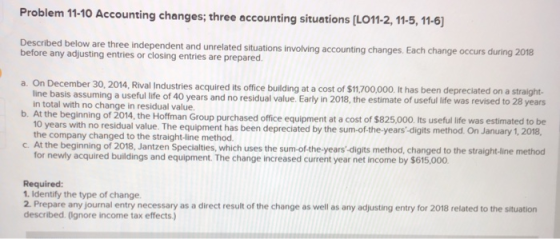 Problem 11-10 Accounting changes; three accounting situations [LO11-2, 11-5, 11-6] Described below are three independent and