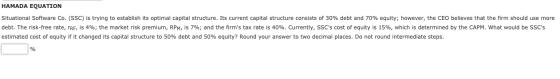 HAMADA EQUATION Situational Software Co. (SSC) is trying to establish its optimal capital structure. Its current capital stru