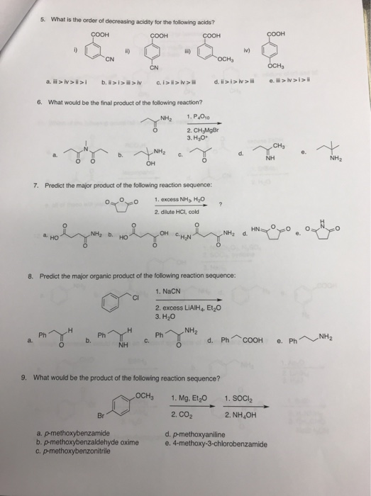 What is the order of decreasing acidity for the following acids? 5. соон СОон COOH COOH iv) OCH CN OCH3 CN e. lil> v>i> d. ii