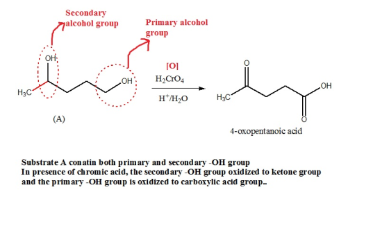 Secondary 7alcohol group Primary alcohol group [0] H2Cr04 H3C H*/H0 H3C (A) 4-oxopentanoic acid Substrate A con atin both pri