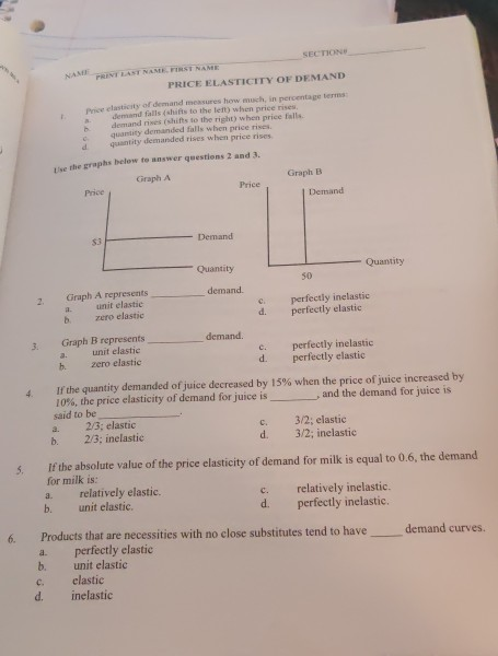 NAME SECTION LAST NAME FIRST NAME PRICE ELASTICITY OF DEMAND price elasticity of demand measures how much in percentage terms