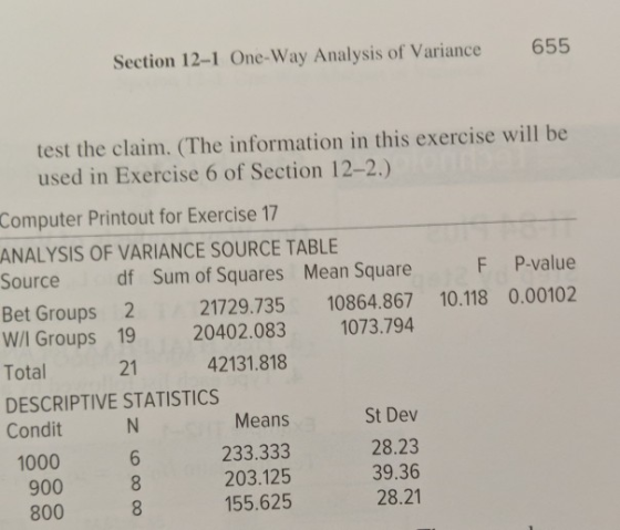 655 Section 12-1 One-Way Analysis of Variance test the claim. (The information in this exercise will be used in Exercise 6 of