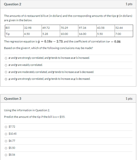Question 2 1 pts The amounts of 6 restaurant bills: (in dollars) and the corresponding amounts of the tips y (in dollars) are