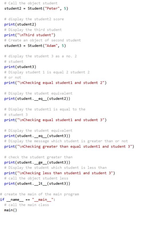 # Call the object student student2 = Student(Peter, 5) # display the student2 score print(student2) # Display the third stu