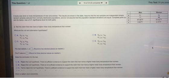 This Question: 1 pt 19 of 24 16 complete This Test: 24 pts poss Men A study was done on body temperatures of men and women. T