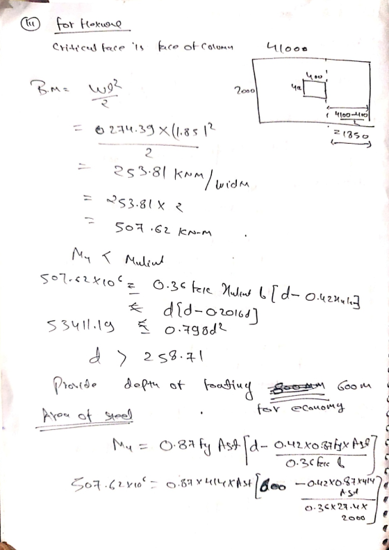 for Hoxware Critical face is hice of Column 41000 ५.० B.ma we? 2000 [ 4100. 21850 6274.39 x (1.851? 2 253.81 km KNm / wida 25